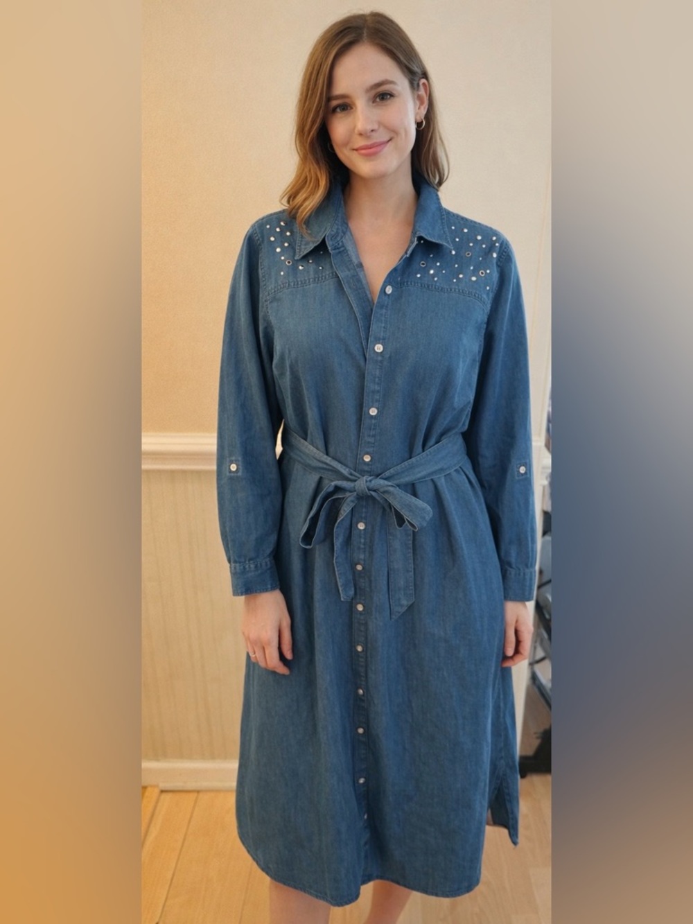 Denim Button-Front Shirt Dress with Tie Belt - Blue